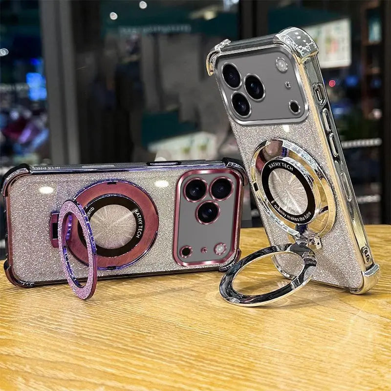Luxury Plating Clear Glitter Stand Phone Case for IPhone 17 Pro Max 17E Air 16 15 14 Plus 13 Pro Shockproof Four Coner TPU Cover