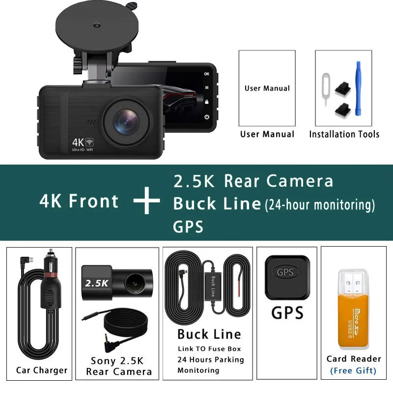 4K 2160P Ultra HD Dash Cam Night Vision With Back 2.5K 1440P Rear Car Video Camera WiFi GPS Logger G-Sensor Loop Recording