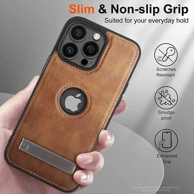PU Leather Phone Case with Kickstand for iPhone 17 16 15 Pro Max 14 Plus 13 12 11 Mini Soft Grip Luxury Back Cover with Stand Car Mobile World