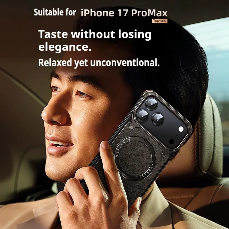 Eary for iPhone 17 Pro Max Air Phone Case Genuine Leather for Magsafe Frameless Shell 360°Rotate Magnetic Stand Anti-Drop Cover Car Mobile World