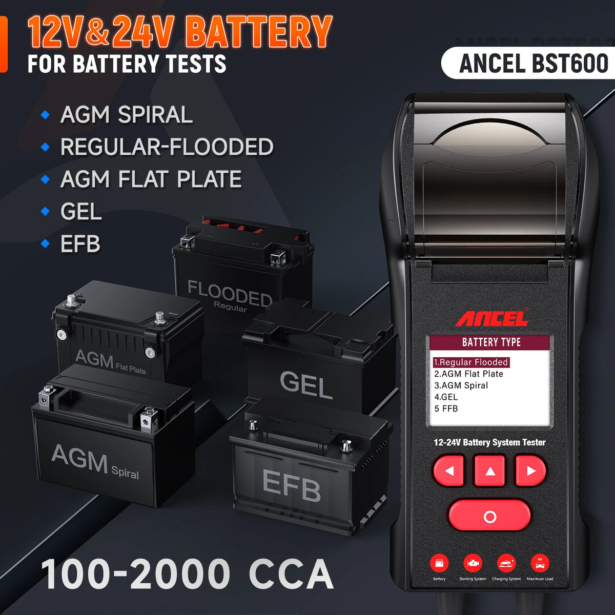 Car Battery Tester with Printer 12V 24V 100 2000 CCA Cranking Charging System ANCEL BST600  Digital Auto Load Tester