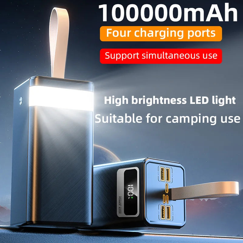 100000mAh large capacity mobile power bank 22.5W ultra fast charging - suitable for various electronic devices, LED power display, portable charger, high brightness lighting, high-end camping equipment, and outdoor power solu