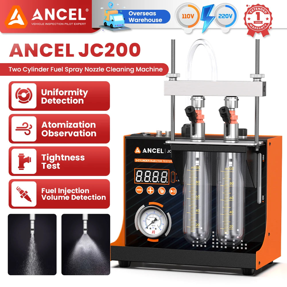 ANCEL JC200 Fuel Injector Cleaning Tester Machine for Car Motorcycle 2-Cylinders Pressure Adjustment Built-in Air Pump 6V 12V
