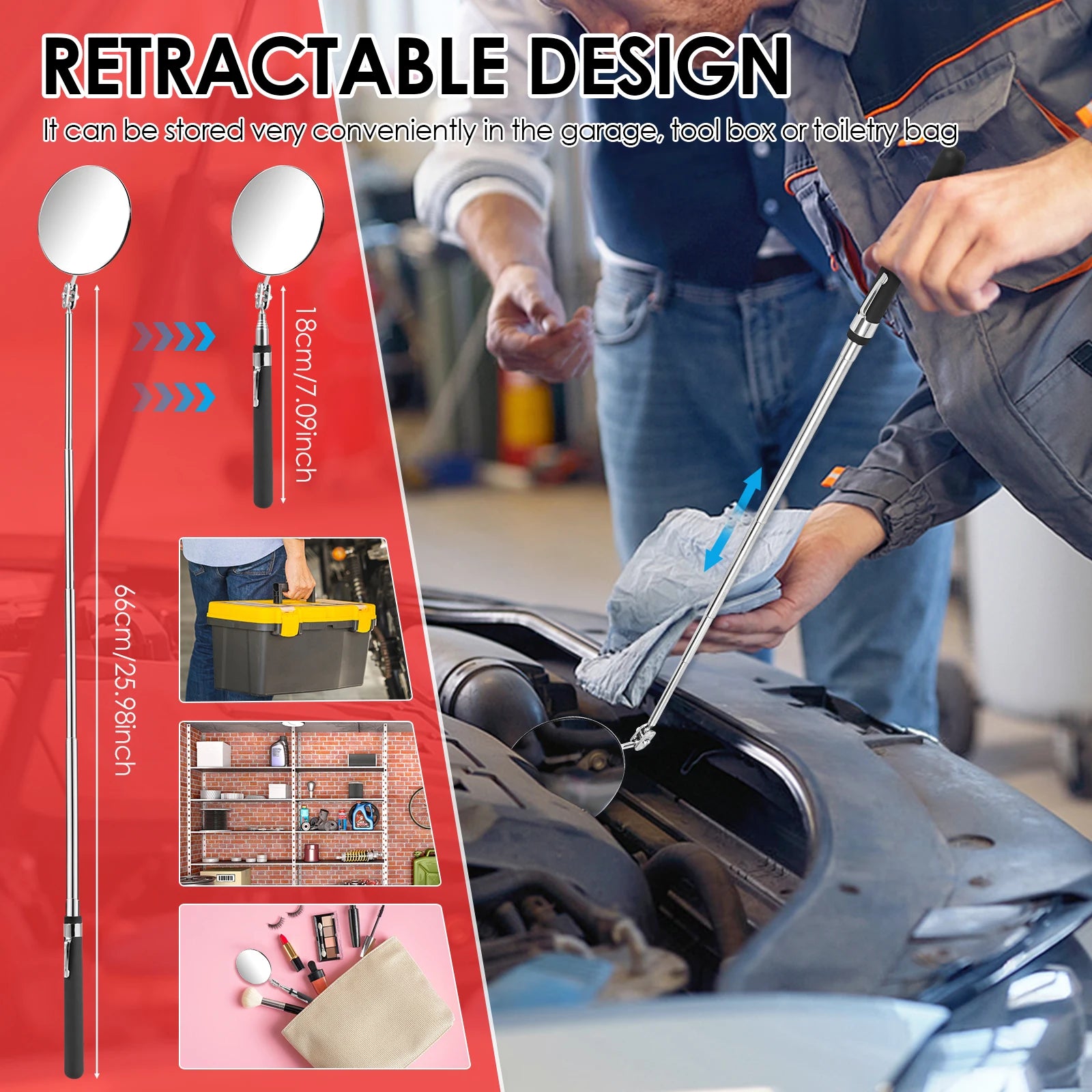 5/4Pcs Telescoping Inspection Mirrors Set Stainless Steel Retractable Mechanical Mirror 360° Rotation Mirror Inspection Tools CM World