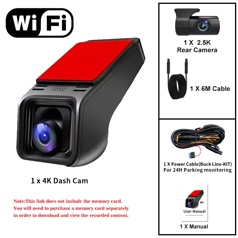 4K Car Dash Cam WiFi 2160P Rear View Reverse Camera 24H Parking Monitor Dual Channel DVR Recorder Night Vision Ultra HD Clear Car Mobile World
