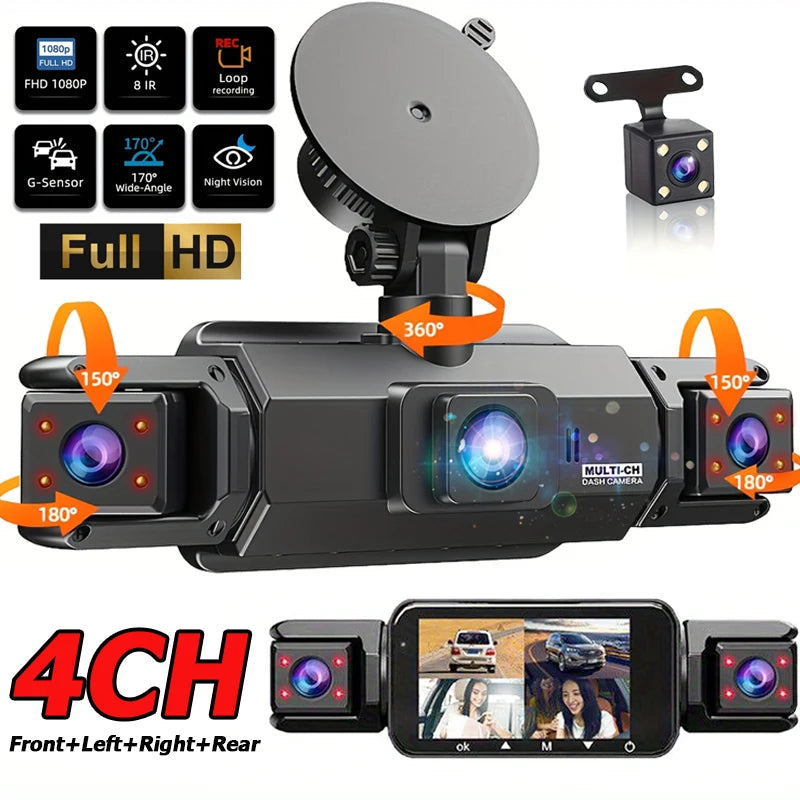 360° Car Dash Cam 4 Channel Black Box WiFi Driving Camera FHD 1080P Front Left Right Rear Night Vision Loop Recording Dashcam Car Mobile World