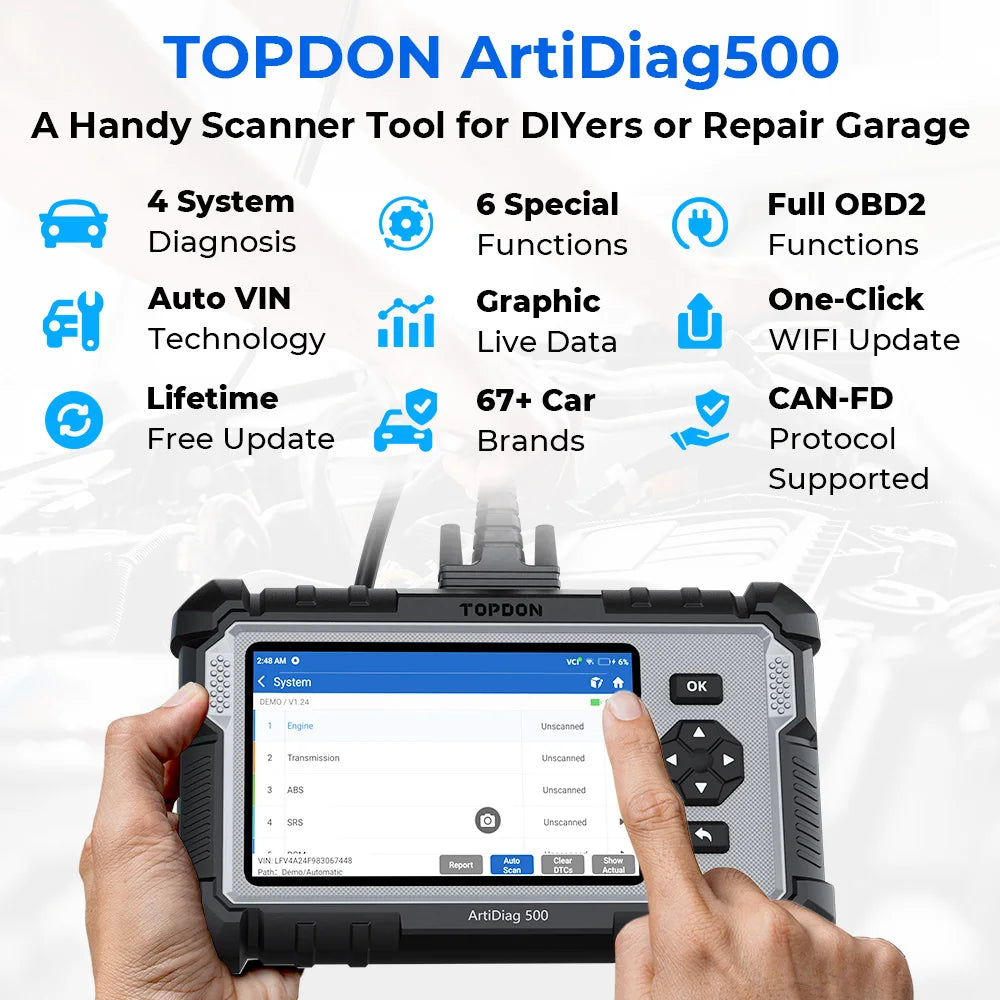 TOPDON ArtiDiag500 Diagnostic 4 Systems 6 Reset Functions OBD2 Scanner SAS/TPMS/BMS/EPB Reset Car Diagnostic Tool Free Update Car Mobile World