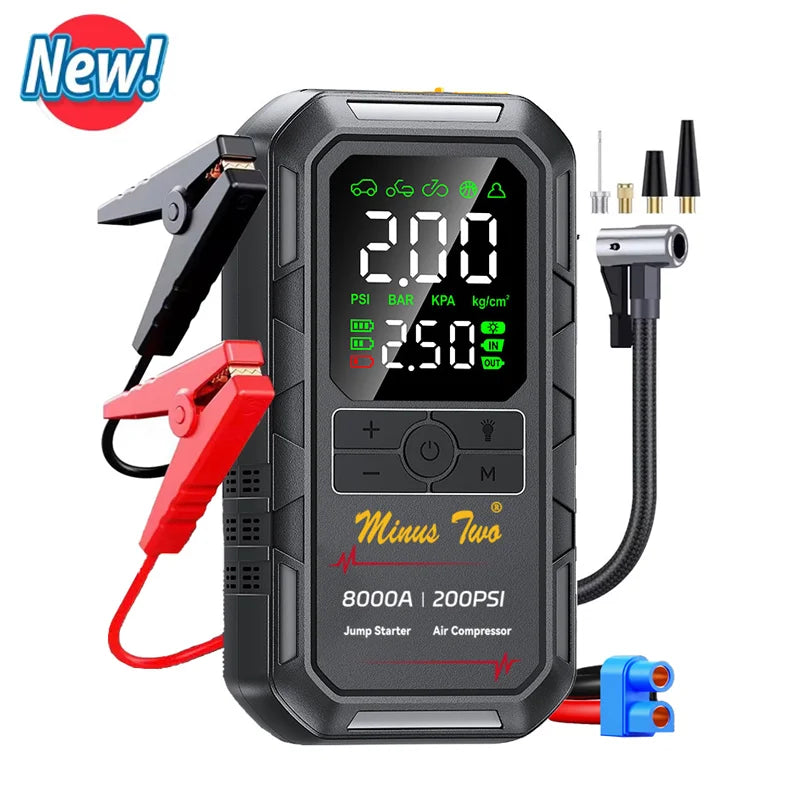 200PSI 4000A Car Jump Starter with Air Compressor Auto Tire Inflator, Large LCD Display, LED Light, for Cars, Bike & Motorcycle