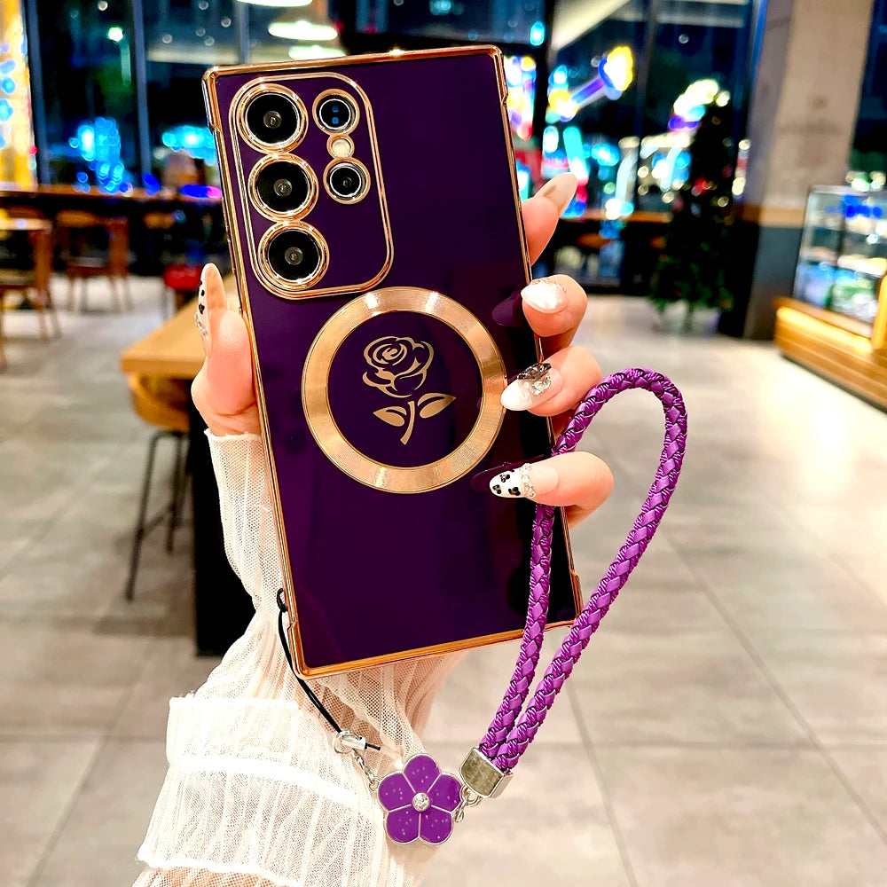 Plating Soft TPU Rose Case For Samsung Galaxy S26 S25 S24 S23 S22 S21 Ultra Plus S25Ultra Magsafe Charge Cover Lanyard Bracelet