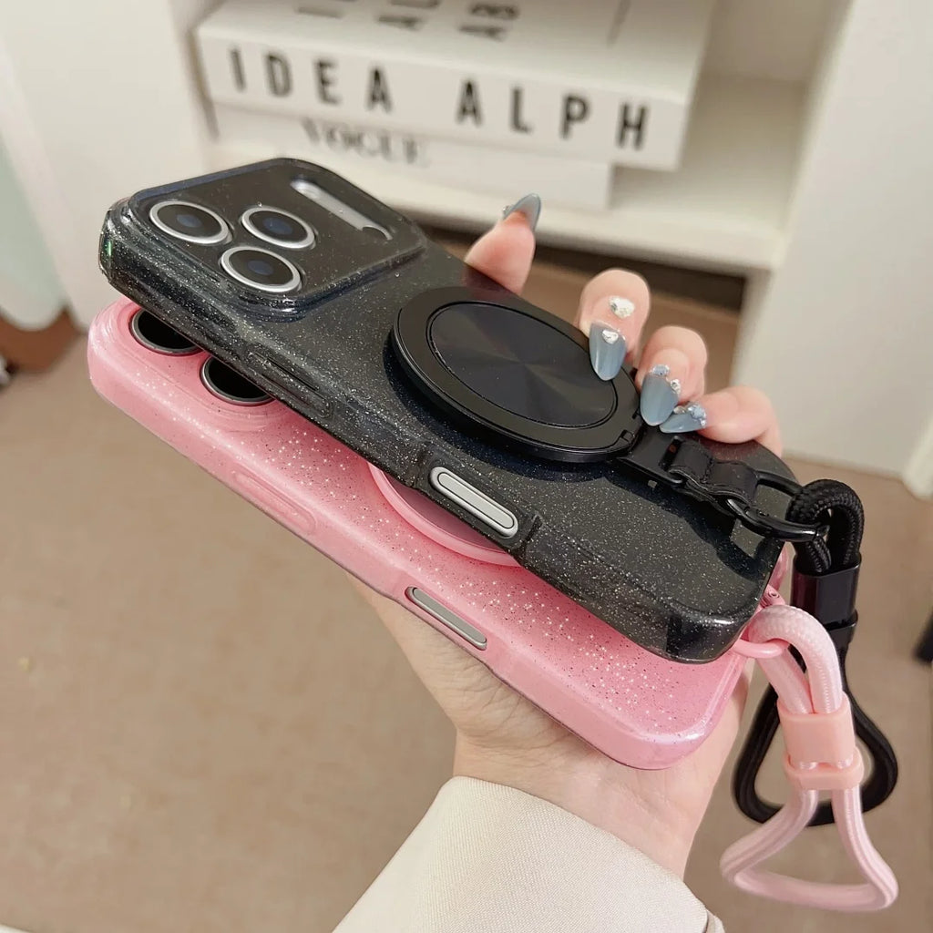 For iPhone 17 Air 16 E 11 14 13 12 XS 15 Pro Max XR SE 7/8 Plus For Magsafe Magnetic Rotating Bracket Hanging Rope Glitter Case