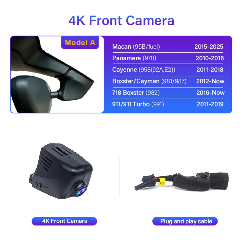 4K Plug And Play Easy Installation Wifi Car DVR Dash Cam For Porsche Cayenne/Macan/911/Taycan/Panamera/718 Boxster & Cayman Car Mobile World