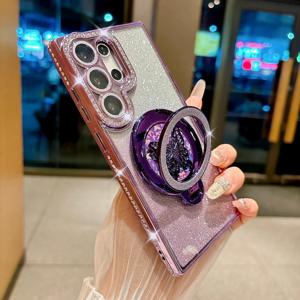 Glitter Butterfly Rotating Bracket Case for Samsung Galaxy S25 S26 Ultra S24 S23 Plus S22 FE A56 A55 A16 A54 Bling Diamond Cover