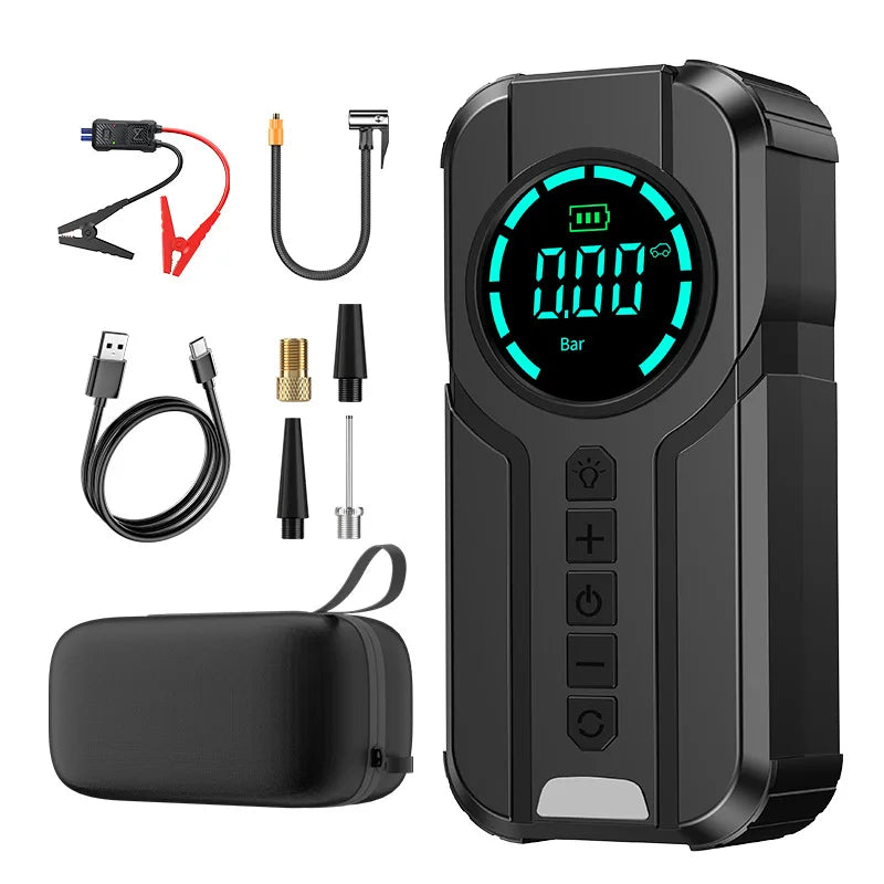 10000mAh Jump Starter Power Bank 3000-7000A with Air Compressor And Lighting Features for Car Battery Starter And Tyre Inflating