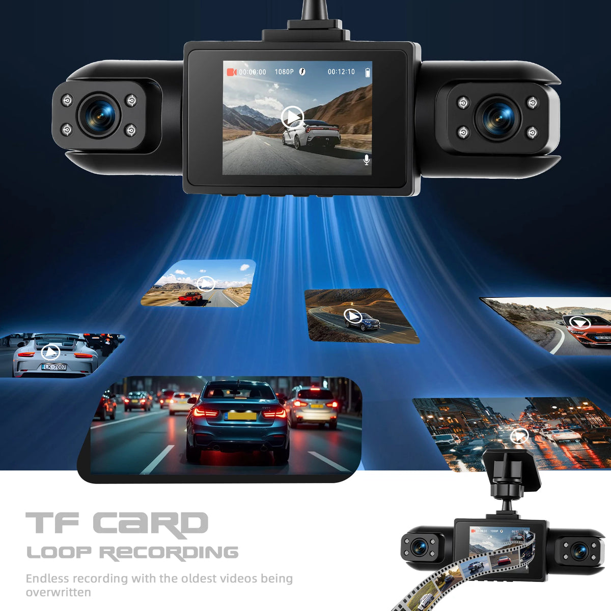 Podofo Four-Channel Car DashCam With 480P Left Interior, Right Interior, and Rear Cameras Car DVR Video Recorder Night Vision Loop Recording, Reversing Help Camera Recorder