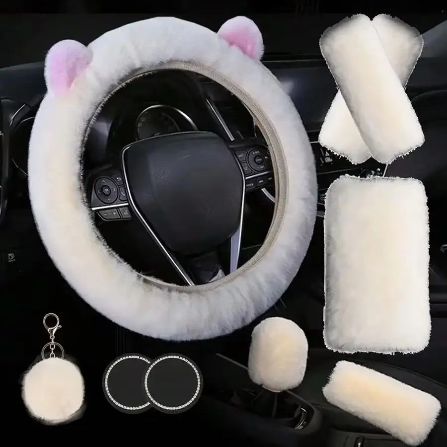 9pcs Cute Plush Bear Car Steering Wheel Cover Set - Universal 15 Inch Auto Steering Wheel Protector, 2025 New Stylish Women Car Interior Accessory Set