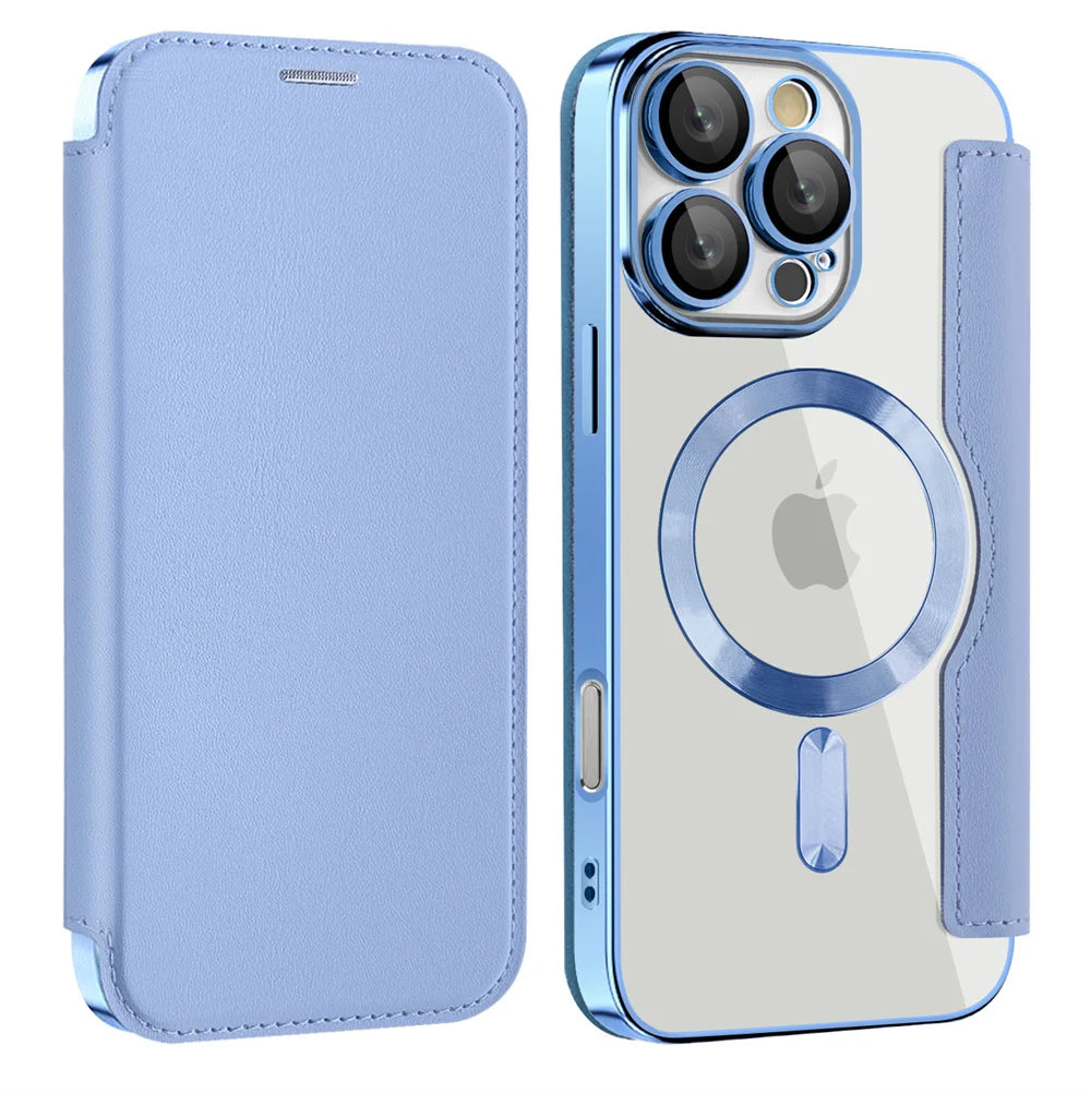 Luxury Transparent Flip Leather Wallet Magnetic Phone Case For iPhone 15 16 17 18 Pro Max 14 13 12 11 Card Bag For Magsafe Cover