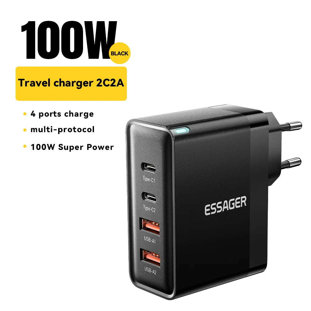 Essager 100W US/KR Plug USB Type C GaN Charger For Laptop Macbook PD Fast Charging For iPhone 16 15 14Pro Samsung Charge Adapter