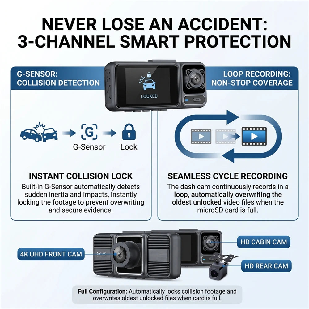 4K Dash Cam 3 Lens Driving Recorder WiFi Car DVR Front Inside Rear Triple Camera 2160P UHD Video Recorder 24H Parking Monitor