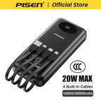 PISEN 3C Certified Power Bank 10000mAh & 20000mAh 20W Fast Charging Powerbank With 4 Built-in Cables For iPhone Samsung Xiaomi Car Mobile World