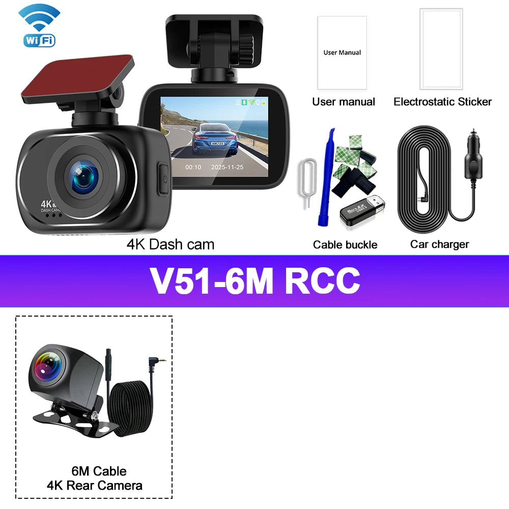 Kocam 4K Dashcam Car Dvr Dual 4K Dash Cam Support 4K Rear Camera WIFI GPS Night Vision 24H Parking Monitoring Black Box Car Mobile World