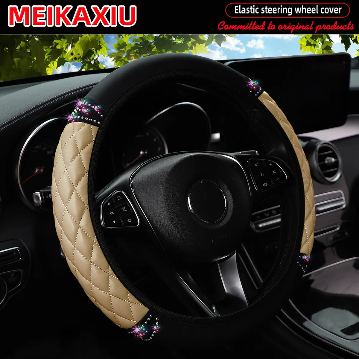 PU soft leather diamond-shaped pattern embroidered with diamonds and glittering car without inner ring steering wheel cover CM World