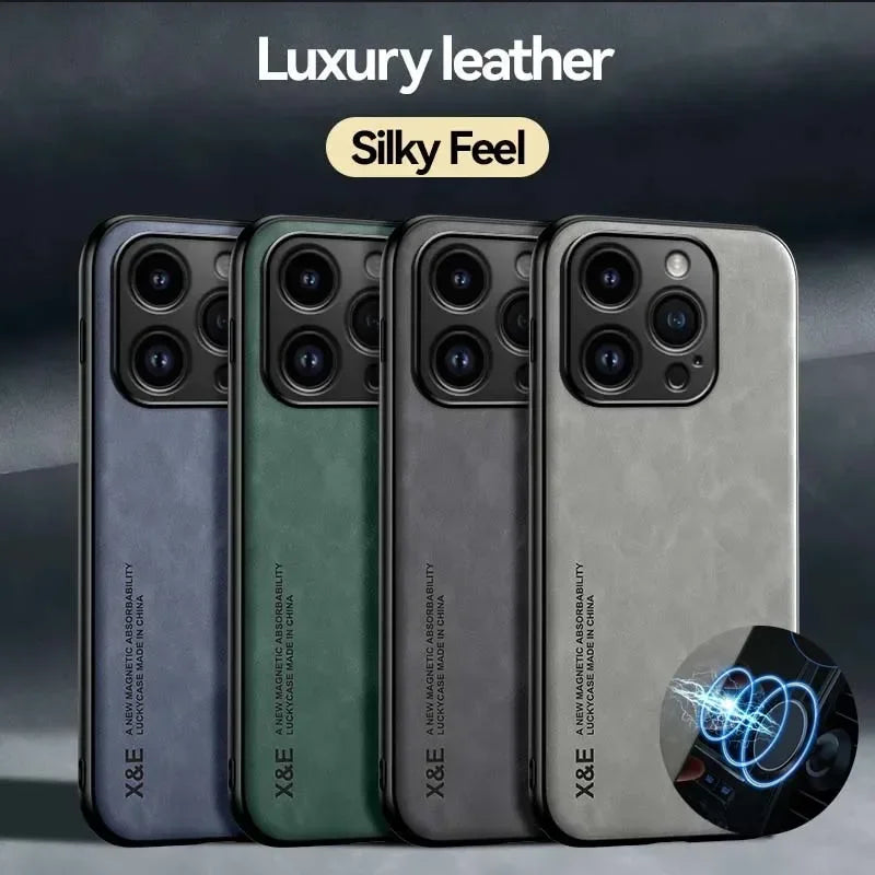 Luxury Leather Case For iPhone 17 16 16e 15 14 13 12 11 Pro Max Plus 12 13 Mini SE 8 7 Cover With Metal Plate Support Car Hold Car Mobile World
