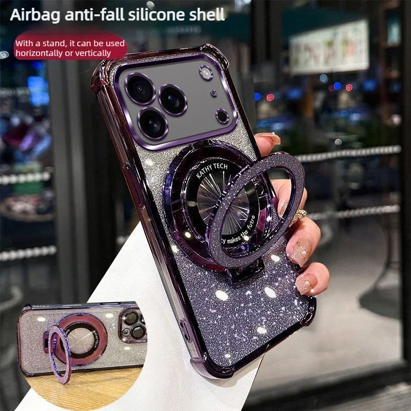 Luxury Plating Clear Glitter Stand Phone Case for IPhone 17 Pro Max 17E Air 16 15 14 Plus 13 Pro Shockproof Four Coner TPU Cover Car Mobile World