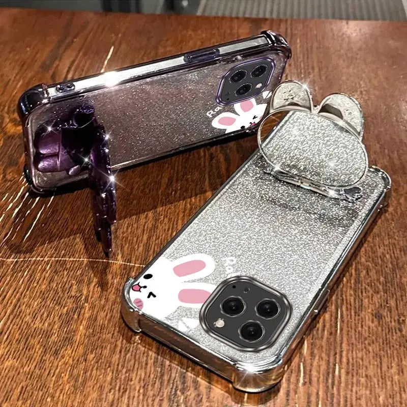 Airbag Glitter Mirror Rabbit Phone Holder Case On For iPhone 16 15 14 13 12 11 Xs Pro Max Mini X XR Plus Anti-knock Stand Cover