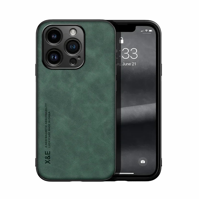 Luxury Leather Case For iPhone 17 16 16e 15 14 13 12 11 Pro Max Plus 12 13 Mini SE 8 7 Cover With Metal Plate Support Car Hold Car Mobile World