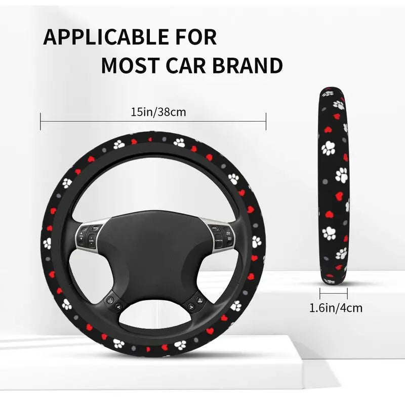 Dog Paw Love Heart Print Steering Wheel Cover Universal 15 Inches Anti Slip Neoprene Car Steering Wheel Protector for Women Men CM World