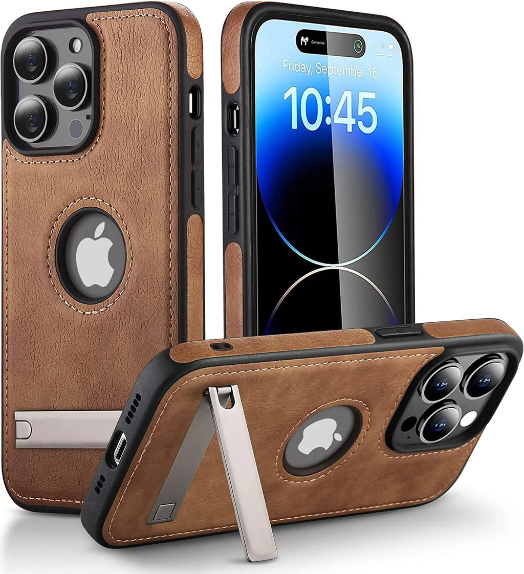 PU Leather Phone Case with Kickstand for iPhone 17 16 15 Pro Max 14 Plus 13 12 11 Mini Soft Grip Luxury Back Cover with Stand Car Mobile World