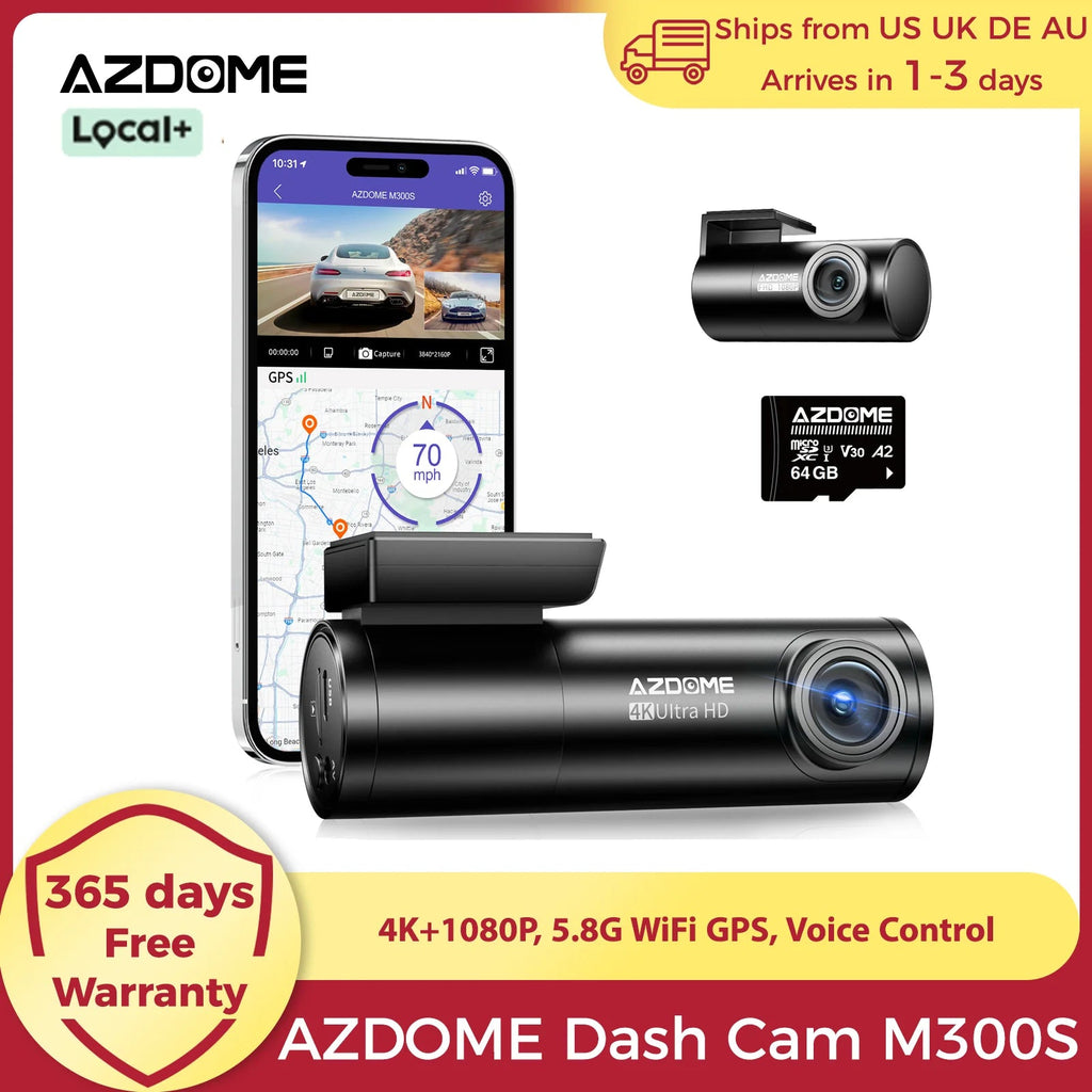 AZDOME M300S 4K Dash Cam Front and Rear, 5.8G WiFi GPS Dash Camera for Cars, Free 64GB SD Card, Voice Control, WDR Night Vision Car Mobile World