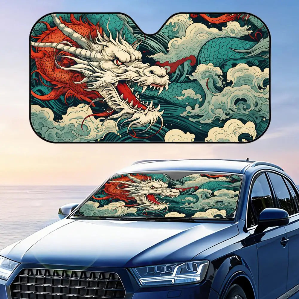 Japanese Wave Dragon Sun Visor Foldable Universal Car Windshield Sun Shade UV Protection Heat Insulation Foldable Cover