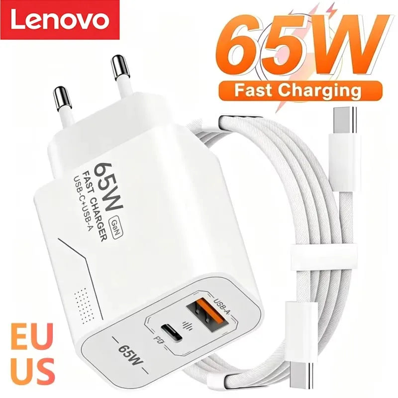 Lenovo 65W GaN USB C Charger 2-Port Fast Charging Phone Charger Power Adapter For iPhone Samsung Type C EU/US Plug Wall Charger