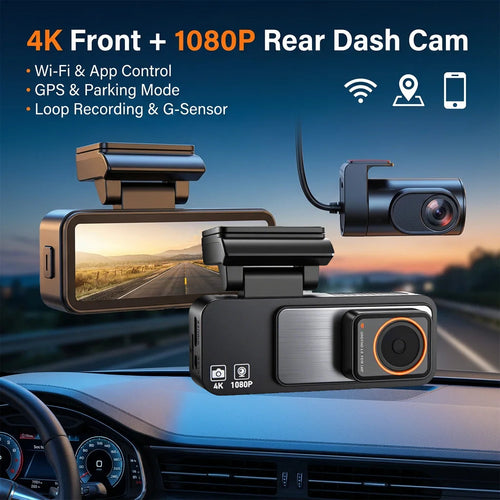 4K Dash Cam Built-in GPS WiFi Front and Rear Supercapacitor 24H Parking Monitor Dual Lens 3.2"IPS 2160P Car Driving Recorder DVR Car Mobile World