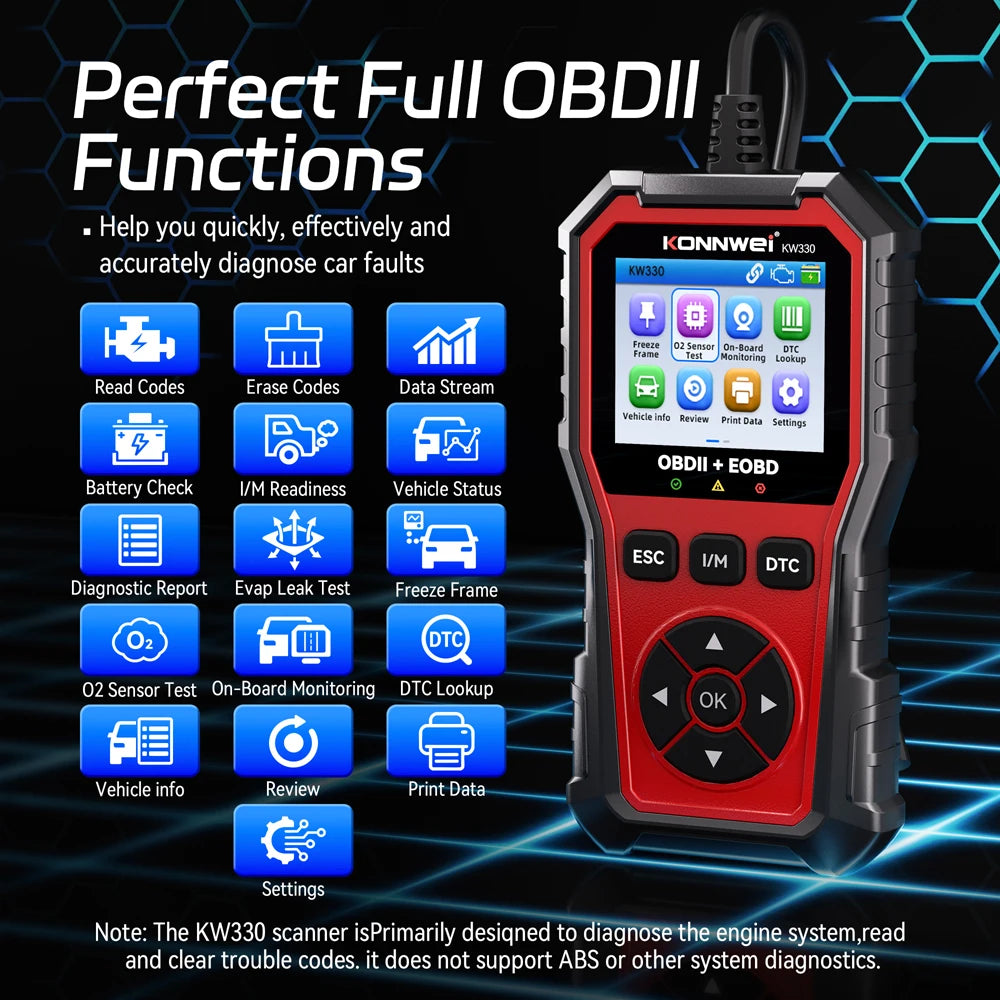 KONNWEI KW330 Car OBD2 Diagnostic Tool Professional Engine Battery Testing Fault Code Erase Real-Time Data Auto Code Scanner