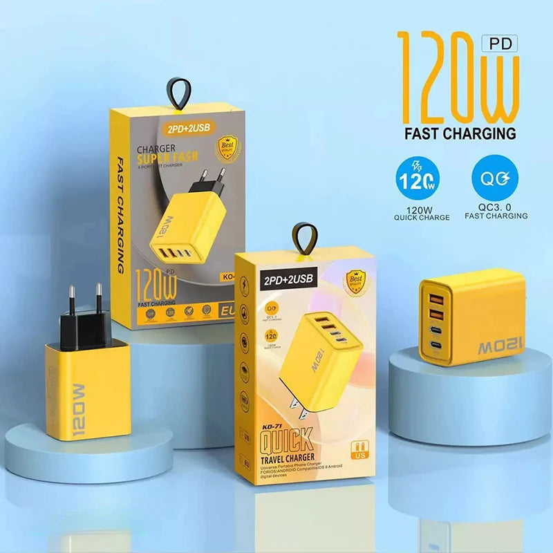 10W Quick Charge 3.0 Fast Charger Muti 4 Ports 2PD 2USB 2Type-C PD Travel Charger For Mobile Phone Wall Super Fast Charging Adapter Block for iPhone Cellphone Electronic Smartphone with Packaging Box