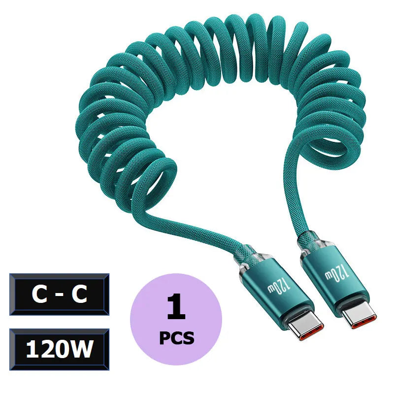 120W Spring USB Type C Cable Fast Charging For Huawei Xiaomi Mobile Phone Type C To USB C Cable For iPhone 15 16 Samsung Cable