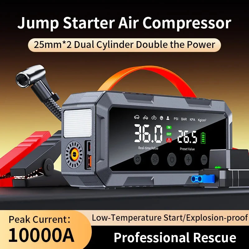 10000amp A Dual 25mm Cylinder Compressor 200psi Car 12v Battery Booster Smart Auto Tire Super Air Pump Power Bank Jump Starter