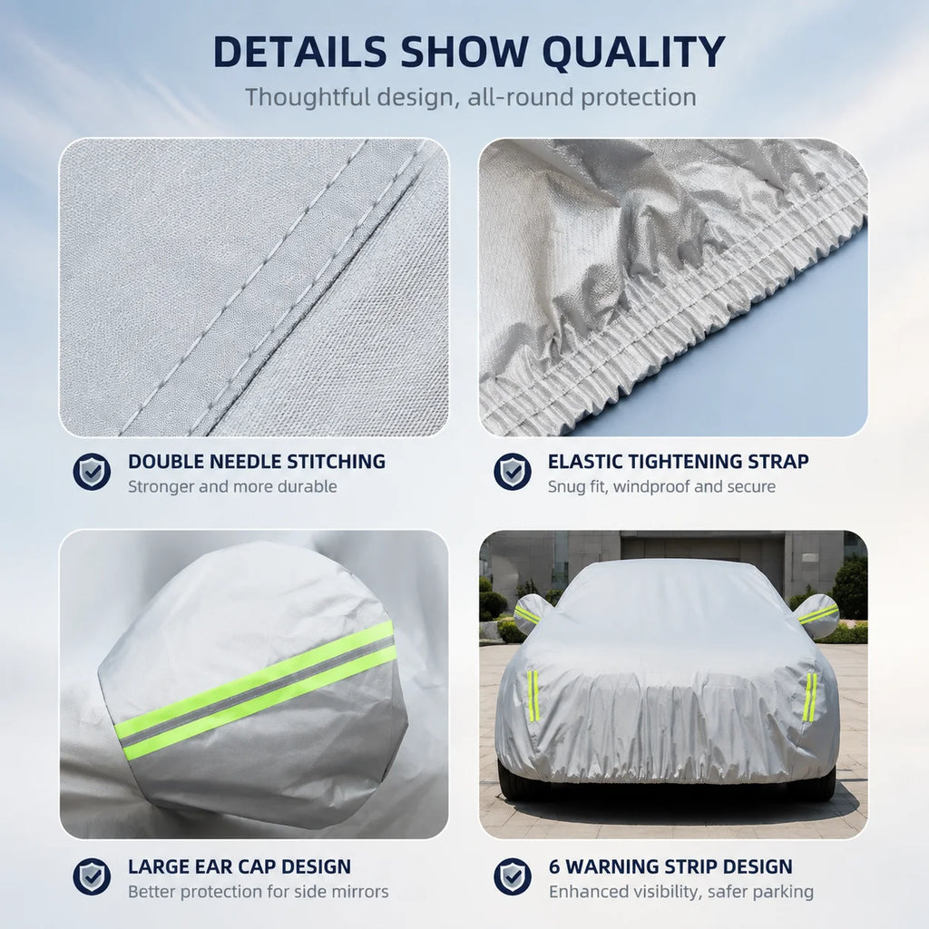 190T Breathable Full Exterior Car Cover, Outdoor Sun Shade, Snow, Dust & UV Ray Protective Cover Fit for Hatchback & Sedan