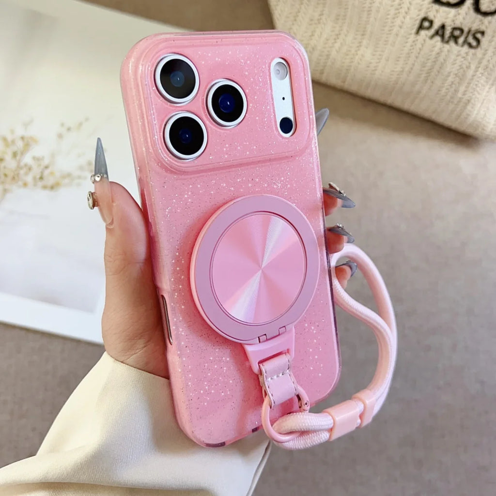 For iPhone 17 Air 16 E 11 14 13 12 XS 15 Pro Max XR SE 7/8 Plus For Magsafe Magnetic Rotating Bracket Hanging Rope Glitter Case