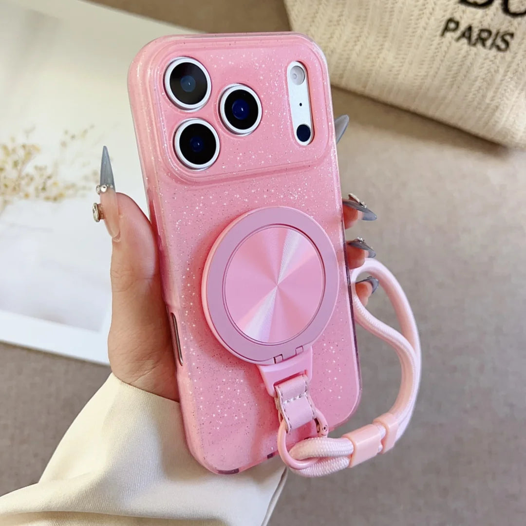 For iPhone 17 Air 16 E 11 14 13 12 XS 15 Pro Max XR SE 7/8 Plus For Magsafe Magnetic Rotating Bracket Hanging Rope Glitter Case