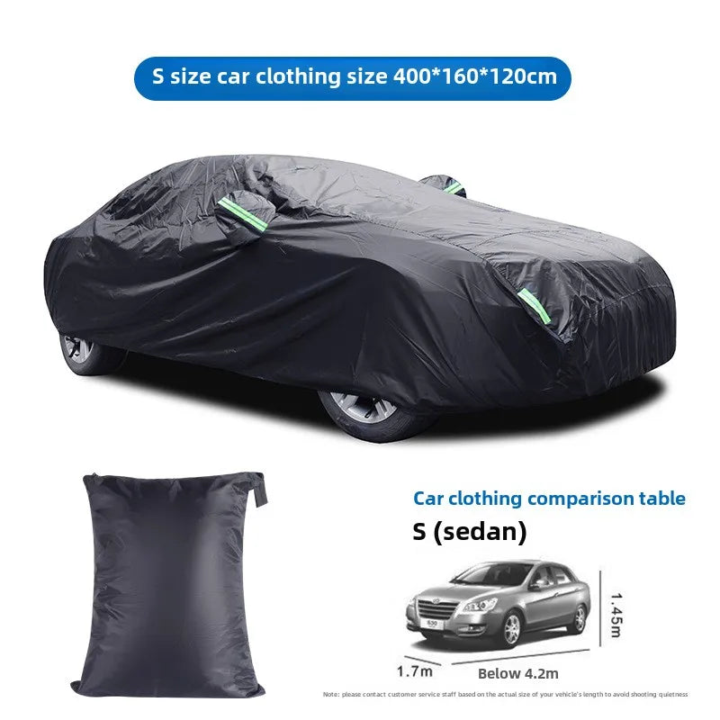 Black Silver Coated Car Cover Rainproof Sunscreen Reflective Strip Outdoor Dustproof Protection for Hatchback Sedan SUV
