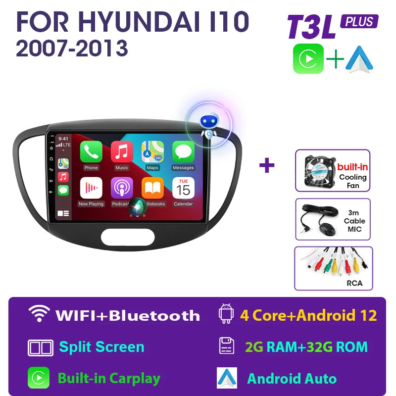 JMCQ 2 Din Car Radio For Hyundai i10 2007 2008 2009 2010-2013 Stereo Multimedia Player Android 12 4G GPS Navigation 2din Carplay CM World