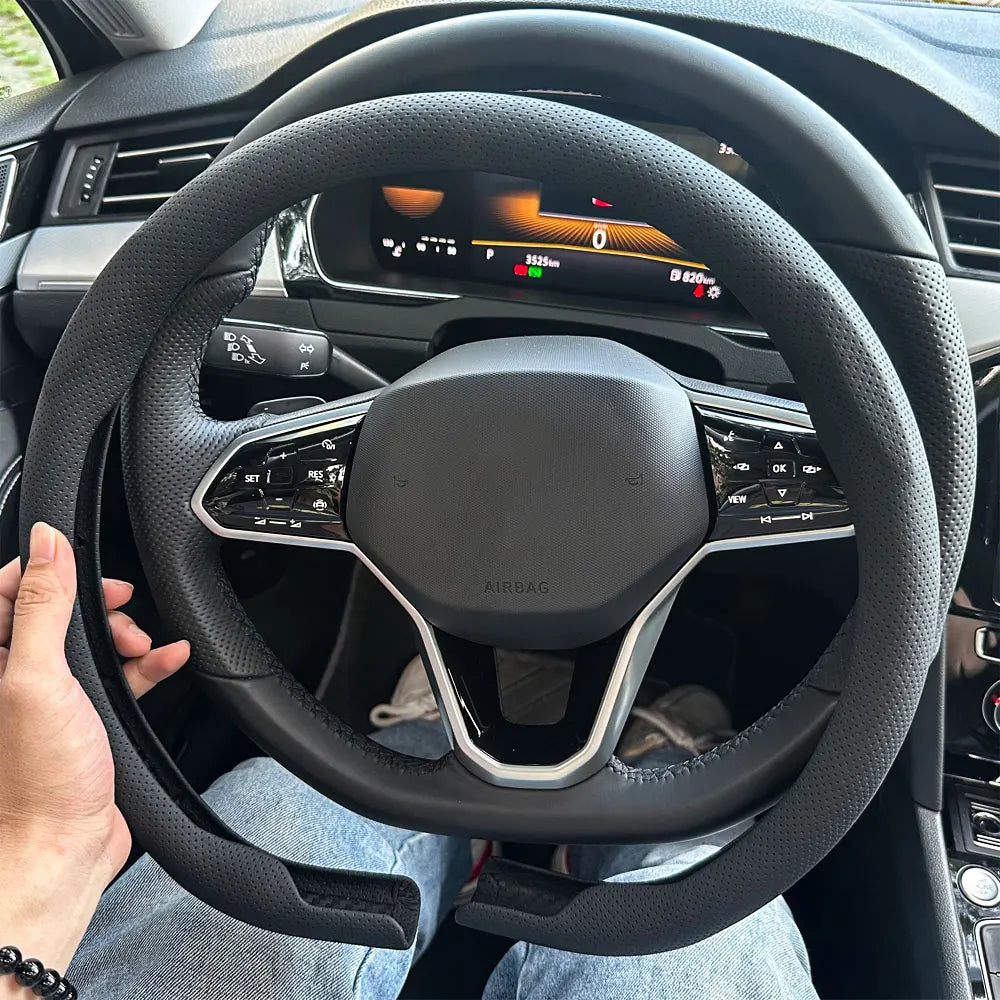 Leather D cut Auto Steering Wheel Cover Ultra-Thin Breathable Non-Slip D Shape Sport Car Steering Wheel Protector Accessories CM World