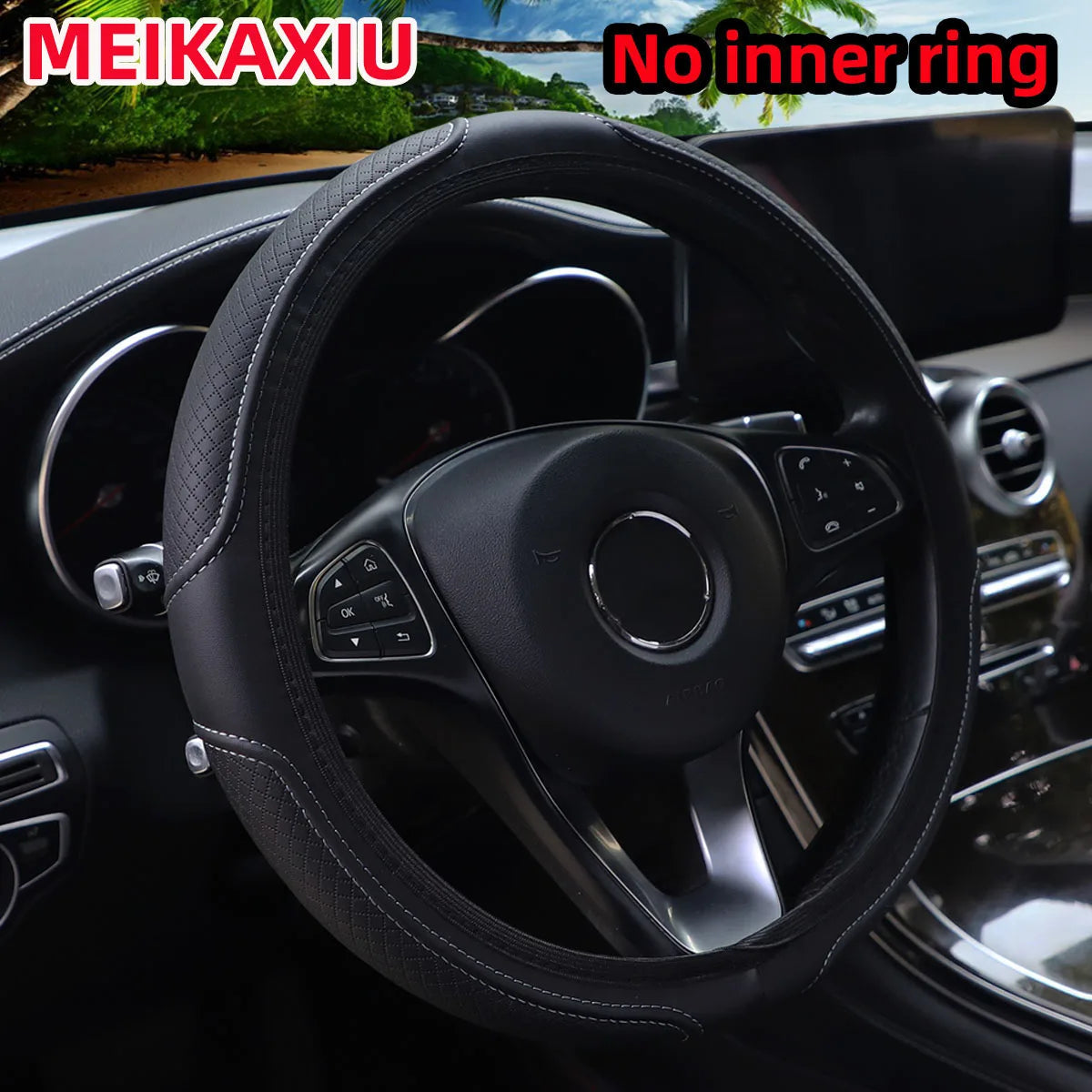 PU Leather Embossed Steering Wheel Cover 14.5-15 Inch round Rimless Design for All Seasons Men Women Cars CM World
