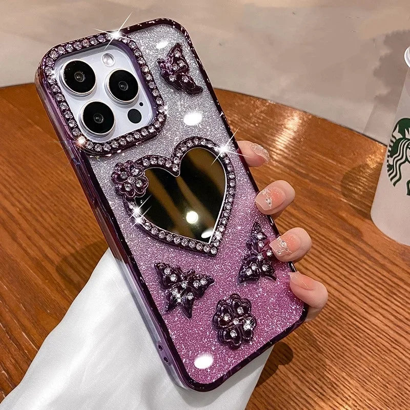 Heart Make up Mirror Case For iPhone 16 Pro Max 15 Plus Plating Butterfly Cover For iPhone 14 Pro 13 12 17 Glitter Diamond Case
