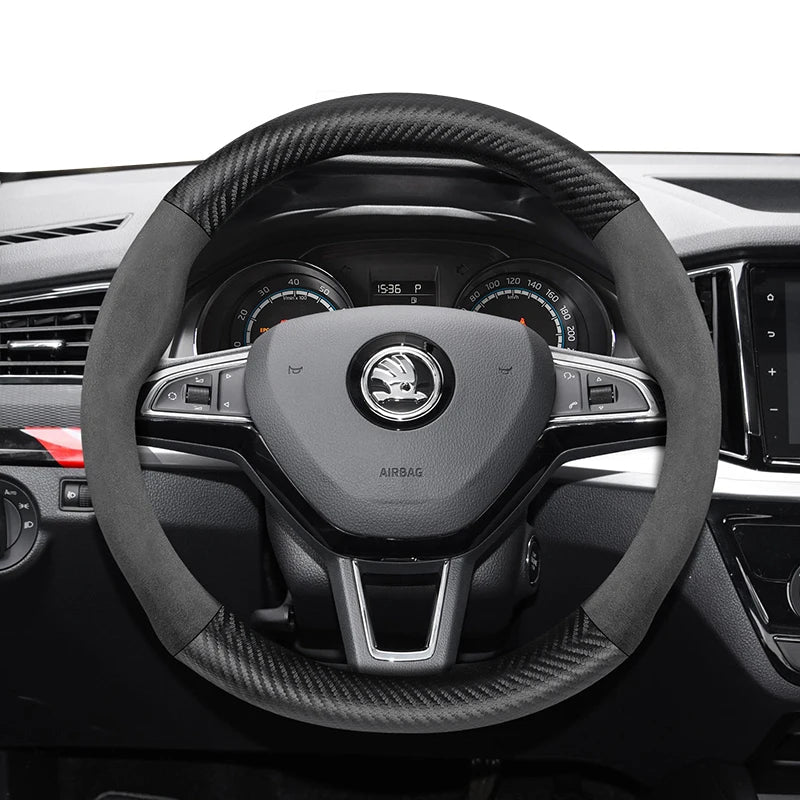 Suitable for Skoda Suede Matte Carbon Fiber Texture Steering Wheel Cover Suitable for Octavia 2 3 A7 1 Superb Roomster A5 Rapid Karoq Yeti Spaceback Fabia Monte Carlo Mk3 Accessories CM World