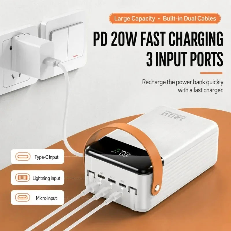 Portable Charger Power Bank with Built-in Dual Cables 60000mAh 80000mAh 120W External Battery for Travel Use