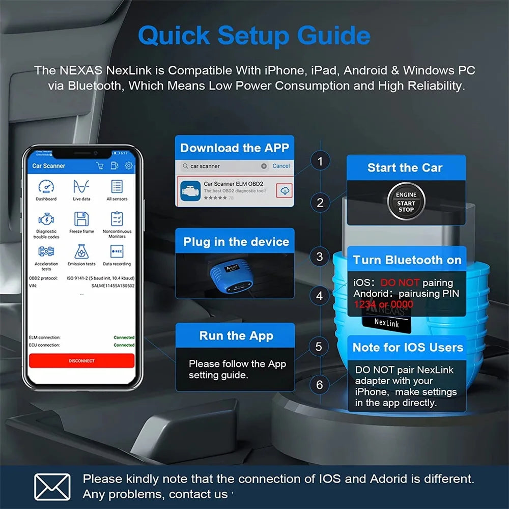 NEXAS Bluetooth 5.0 OBD2 EOBD Motorcycle Diagnostic Scanner for iOS Android Windows Fault Code Reader Diagnostic Scan Tool Car Mobile World